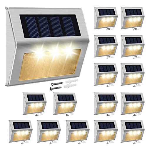 JACKYLED 16 Pack Solar Step Lights Solar Lights Outdoor Waterproof for Deck 7 LED Solar Fence Post Lights Solar Deck Lights for Step Fence Post Railing Wall Pathway (Warm Yellow)