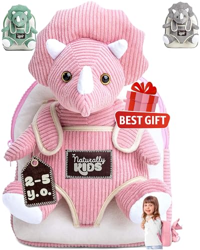 Naturally KIDS Toddler Backpack w Stuffed Animal Toy, Toddler Gifts for Boys Girls, Small Backpack, Dinosaur Triceratops Toys