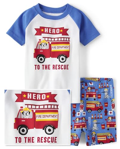 The Children's Place Baby Boy's and Toddler Sleeve Top and Shorts Snug Fit 100% Cotton 2 Piece Pajama Set, Firetruck Hero