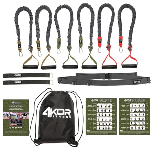 Resistance Cord Set by 4KOR Fitness, Shoulder and Core Strength and Performance System (3 Levels w/Door Belt & Power Rack Straps)