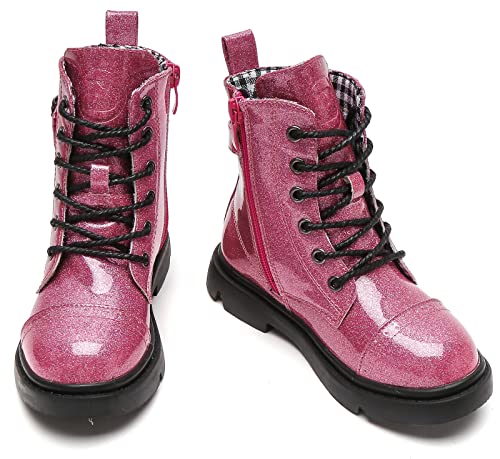 DADAWEN Boys Girls Glitter Ankle Boots Lace Up Waterproof Combat Boot With Side Zipper (Toddler/Little Kid/Big Kid) Hot Pink Glitter US Size 13 M Little Kid