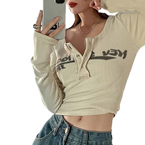 Womens Letter Print Crop Top Y2K E-Girls 90s Long Sleeve Ribbed Shirt Graphic Print Slim Fit Blouse Tops(H01-Apricot,M)