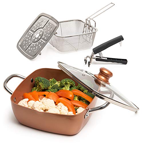 Moss & Stone Copper 5 Piece Set Chef Cookware, 9.5” Non Stick Pan, Deep Square Pan, Fry Basket, Steamer Rack, Dishwasher & Oven Safe, 5 Quart Copper Pot Set, Induction Copper Cookware Set