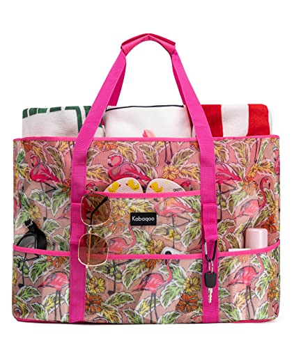 KABAQOO Mesh Beach Bag, Extra Large Beach Bags with 9 Pockets & Zipper Waterproof Lightweight Beach Tote for Beach/Pool Trip