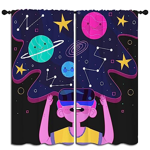 VR Video Game Gamepad Rod Pocket Blackout Curtains for Boy Girl Bedroom,Gaming Gamer Glasses Controller and Stars and Planets Light Filtering Window Drapes for Living Room Home Decor Privacy,42x63in