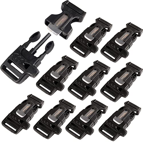 10Pack 3/4' (19mm) Fire Starter Survival Whistle Buckle Flint Scraper for Paracord Bracelet Key Lanyard Ourdoor Hiking Camping Backpack Bag Pets Collar DIY Travel Kits