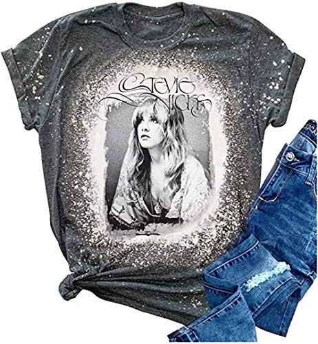 Womens Rock Music Bleached T Shirts Vintage Retro Graphic Concert Tops Funny Letter Print Short Sleeve Casual Shirt (Grey, M)