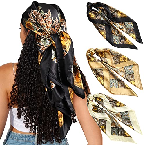 35' Satin Square Hair Scarf Bandanas - 3Pcs Large Silk Head Scarves Lightweight Satin Hair Kerchief Sleeping Hair Wraps for Women (Camel + Black + Beige)