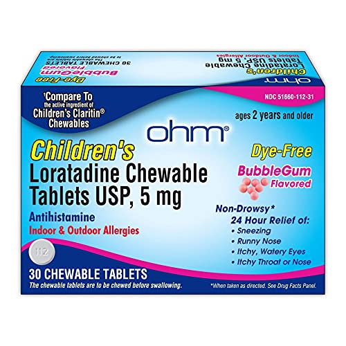 OHM Children’s Chewable Tablets, Dye Free, Bubblegum, Non-Drowsy 24h Relief of Sneezing, Runny Nose, Itchy Watery Eyes, Itchy Throat or Nose, Antihistamine, Indoor & Outdoor Allergies, 5mg, 30 Tablets