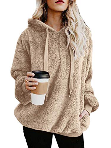 ReachMe Womens Oversized Sherpa Pullover Hoodie with Pockets Fuzzy Fleece Sweatshirt Buffalo Plaid Fluffy Coat(A Khaki,L)
