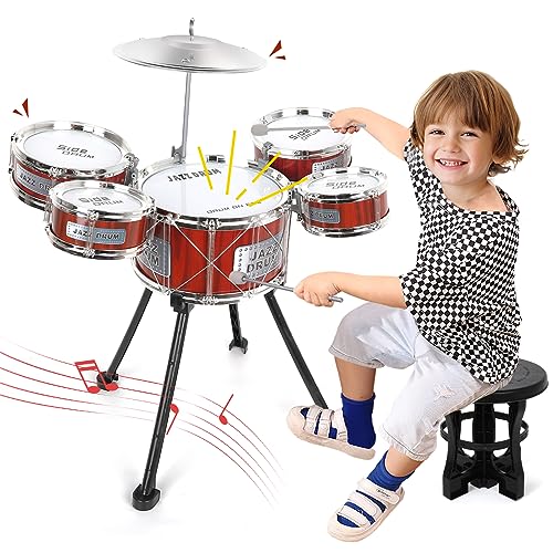 Toddler Drum Set Musical Toy Upgrade Drum Set for Kids Rock Jazz Drum Kit with Stool, 2 Drum Sticks and 5 Small Drums Toys for 3 4 5 Year Old Boys Girls Gifts Ages 3-5