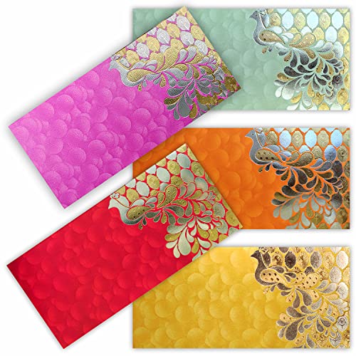 PARTH IMPEX Shagun Gift Envelope for Cash (Pack of 50) 7.5' x 3.5' Peacock Feather Gold Silver Foil Stamping Assorted Color Money Holder Card for Christmas Diwali Birthday Wedding Graduation