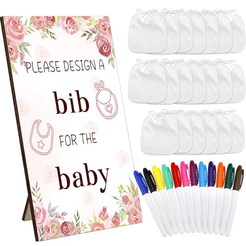 Panitay 43 Pcs Baby Shower Games White Baby Bibs Design Games, Include Wooden Baby Shower Game Sign with 30 Blank White Bibs for Baby Decorating 12 Marker for Baby Shower Gender Reveal (Flower)