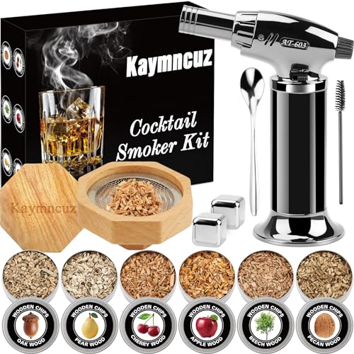 Cocktail Smoker Kit with Torch, Whiskey Smoker Kit with 6 Flavors Wood Chips, Old Fashioned Smoker Kit with 2 Whiskey Stones, Mens Gifts, Gifts for Men, Dad, Husband(No Butane)