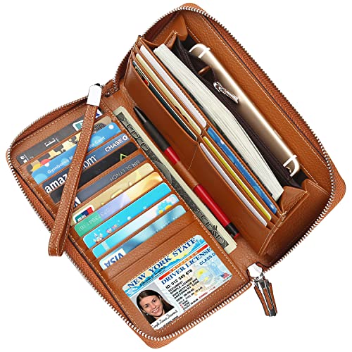 Lavemi Women's RFID Blocking 100% Leather Large Capacity Zip Around Wallet Phone Holder Clutch Travel Purse Wristlet(Large Size Pebble Brown)