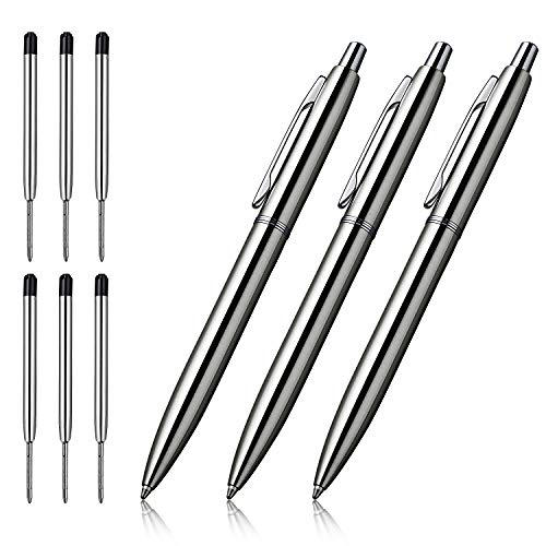 ChaoQ 3 Pcs Retractable Metal Ballpoint Pens, for Gift, Business, Office, 1.0mm Medium Point Black Ink, 6 Extras Replaceable Metal Refills - Stainess Steel