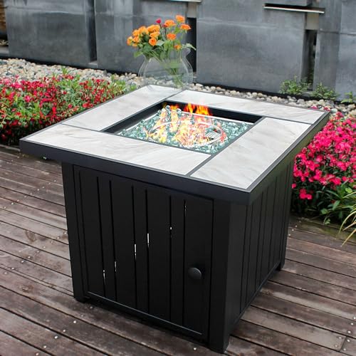 OutVue 30' Propane Fire Pit with Real Ceramic Tabletop, 50000 BTU Gas Fire Pit Table with Lid & Glass Rock, Outdoor Fire Pit for Dining or Party, Firepit for Outside, Patio, Garden, Yard