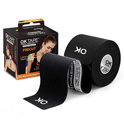 OK TAPE Kinesiology Tape 10 inches Precut, 20 Strips, Cotton Elastic Athletic Tape Latex Free, 2inch x 16ft, Black