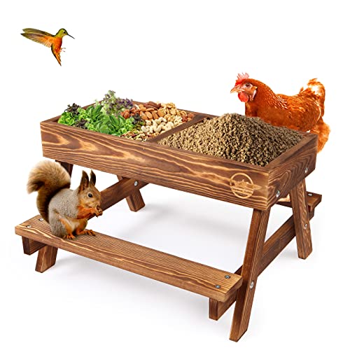 Chicken Table No Waste, Chicken Picnic Feeder Handmade Carbonized Wooden, Large DIY Chicken Feeder Kit, Wild Bird, Duck & Squirrel Feeders, Mesh Bottom Keep Food Fresh and Dry Easy to Clean and Fill