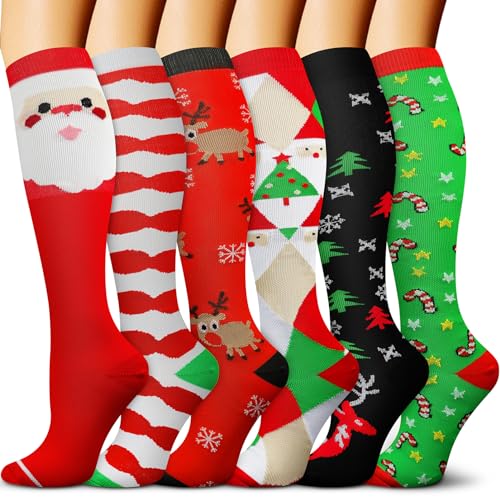 Compression Socks 15-20 mmHg is Best Athletic for Men & Women Running Flight Travel Pregnant (04 Black/Red/Red/Green/Green/White, Large/X-Large (US Women 8-15.5/US Men 8-14))