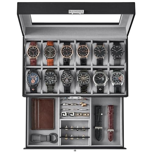SONGMICS 12-Slot Watch Box, Lockable Watch Case with Glass Lid, 2 Layers, with 1 Drawer for Rings, Bracelets, Gift Idea, Black Synthetic Leather, Gray Lining UJWB012