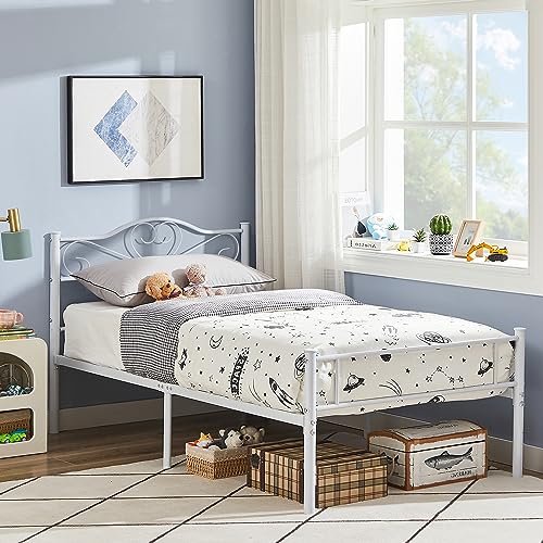 VECELO 14 Inch Twin Size Metal Platform Bed Frame with Headboard and Footboard, Heavy Duty Mattress Foundation with Steel Slats Support, No Box Spring Needed, White