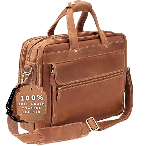 Luxorro Full Grain Leather Briefcase for Men, Light Brown, 17'(W) x 13'(H) x 5'(D), Fits 15.6 Inch Laptop