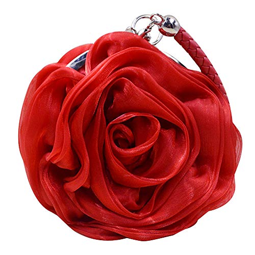 Goclothod Women Rose Shaped Clutch Soft Satin Wristlet Handbag Wedding Party Purse Red
