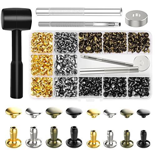 Alritz 240 Sets Leather Rivets, Double Cap Rivets Tubular 4 Colors 2 Sizes Metal Studs with Fixing Tools for DIY Leather Craft/Clothes/Shoes/Bags/Belts Repair Decoration