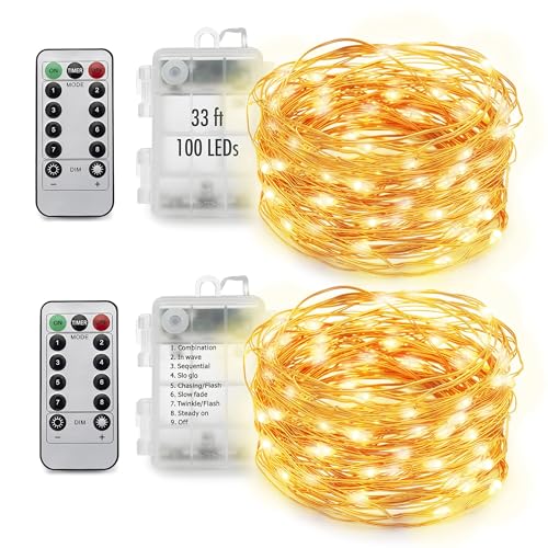 MUMUXI 33ft 100 LED Outdoor Battery Operated Christmas Lights, Fairy Lights Battery Operated with Remote [2 Pack], Twinkle Lights Battery Operated String Lights for Bedroom, Tree, Decor, Warm White