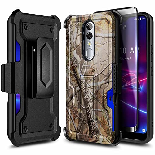 NZND Case for Coolpad Legacy Brisa (2020) CP3706AS with Tempered Glass Screen Protector (Maximum Coverage), Full-Body Protective Heavy Duty Shockproof Armor Case with Belt Clip Holster (Camo)