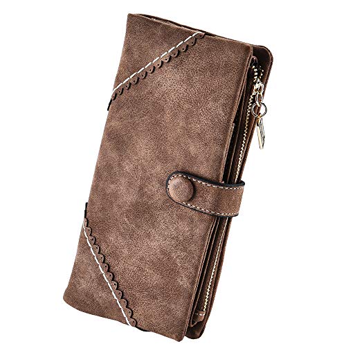 Women Vegan Leather Wallet Bifold Clutch Large Capacity Card Organizer Buckle Long Purse for Girls Candy Color (Coffee) …