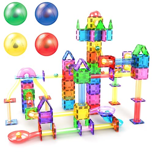 PicassoTiles 70 PCs Marble Run Maze Race Track Magnetic Tiles Magnet Building Block Educational Construction Toy Playset STEM Learning Kit Child Brain Development Hand Eye Coordination Training PTG70