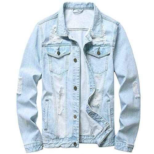 LAMKUKU Mens Denim Jacket Ripped Slim Jean Jacket Coat for Men (Large, Light blue-02)