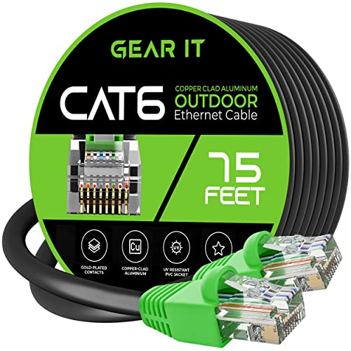 GearIT Cat6 Outdoor Ethernet Cable (75 Feet) CCA Copper Clad, Waterproof, Direct Burial, In-Ground, UV Jacket, POE, Network, Internet, Cat 6, Cat6 Cable - 75ft