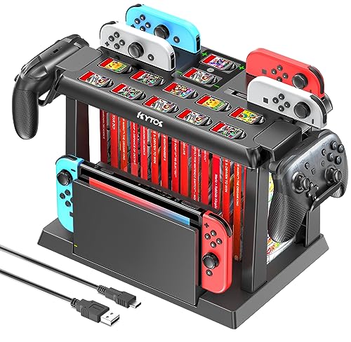 Switch Games Organizer Station with Controller Charger, Charging Dock for Nintendo Switch & OLED Joycons, Switch Mounts, Brackets & Stands for Games, TV Dock, Pro Controller, Accessories Kit Storage