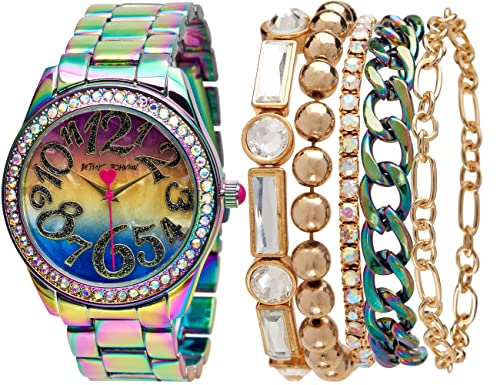 Betsey Johnson Women's Watch Set - Link Band Wristwatch with Stacked Bracelets and Easy Read Dial, Oilslick