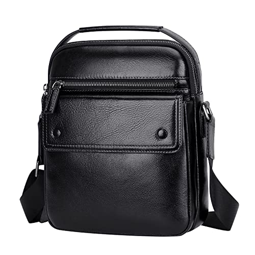 PIJUSHI Genuine Leather Crossbody Bag for Men Small Messenger Bag with Multi Pockets(PE024 Black)