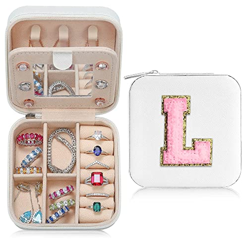 Parima Travel Jewelry Case for Women Girls, L Initial Travel Jewelry Case | Small Jewelry Travel Case | Personalized Travel Mini Jewelry Case | Birthday Gifts for Women Mom Grandma - White