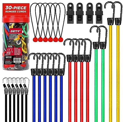 30-Piece Bungee Cords Assorted Sizes - 10' 18' 24' 32' 40' Bungee Cords with Hooks, Bungee Cords Heavy Duty Outdoor, Large Medium Small Mini Elastic Canopy Tarp Bungee Ball Ties Tarp Clips Organizer