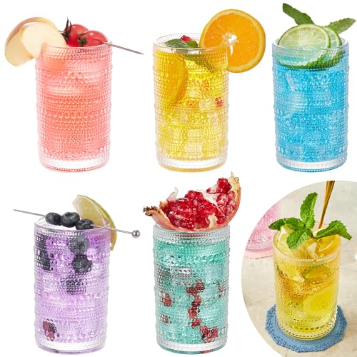 KAMJUNTAR Hobnail Highball Glasses Set of 6, 12 oz Embossed Beaded Glassware Vintage Drinkware Double Old Fashioned Glass for Beverages, Cocktails, Margaritas, Beer, Juice, Water, Soda