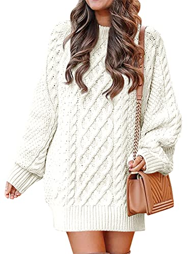 ANRABESS Women 2023 Fall Crewneck Long Sleeve Oversized Cable Knit Chunky Baggy Loose Knit Pullover Short Sweater Dresses 2024 Trendy White Winter Tunic Mini Dress 412baise-S