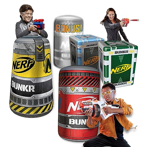 NERF BUNKR Officially Licensed Battle Royale Inflatable Bunker Battlezone - 5 Piece Barricade Set Crates Barrels - Perfect for NERF Party - NERF War Multicolor