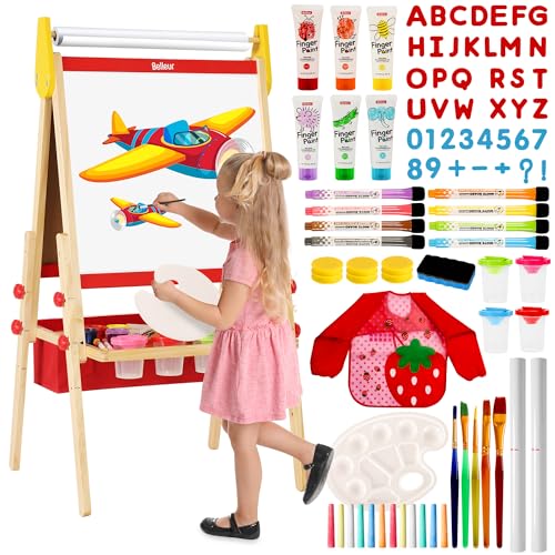 Belleur All-in-One Art Easel for Kids with 2 Paper Rolls & Deluxe Accessories, Adjustable Magnetic Double Sided Whiteboard & Chalkboard, Painting Kid Easel for Toddlers 2-8, Ideal Christmas Gift