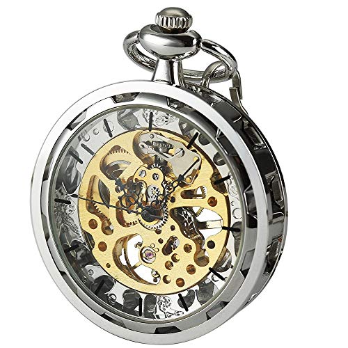 VIGOROSO Mens Classic Steampunk Pocket Watch Gold Skeleton Hand Wind Mechanical Watches in Box