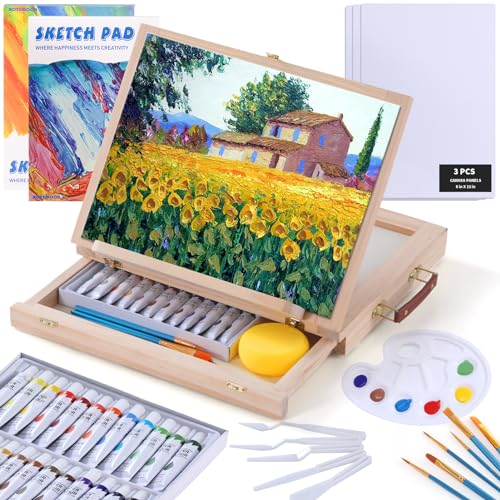 54 Pieces Watercolor Paint Set with Portable Wood Easel, Complete Starter Painting Art Supplies with Watercolor Paints, Canvases, Sketch Pads, Brushes and Palette for Adults Teens Kids Beginners