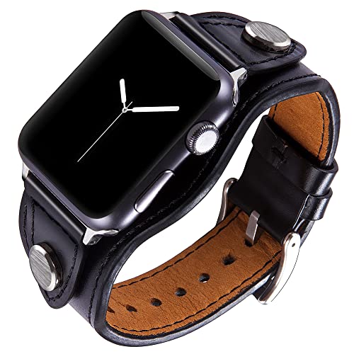 Vikoros Leather Cuff Bracelet Compatible with Apple Watch Band iWatch Series 8 7 6 5 4 3 2 1 SE Ultra 38mm 40mm 41mm 44mm 42mm 45mm 49mm for Men Women, Vintage Western Luxury Designer Leather Strap with Stainless Buckle, Black