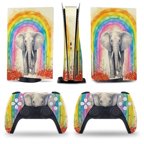AoHanan Baby Elephant Spraying Rainbow PS5 Skin Console and Controller Accessories Cover Skins Anime Vinyl Cover Sticker Full Set for Playstation 5 Disc Edition