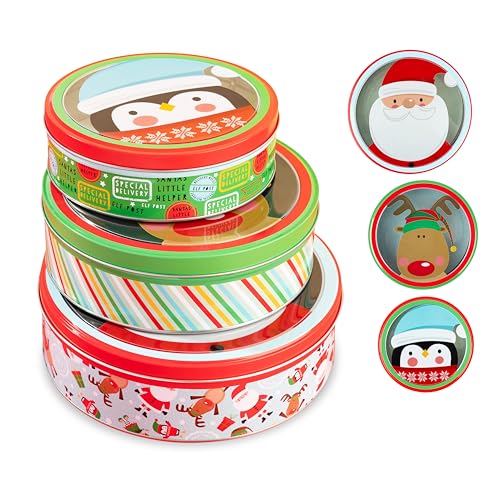 Plum Designs Christmas Cookie Tins- 3 Round Christmas Cookie Tins with Lids for Gift Giving, Christmas Tins Holiday Cookie Boxes, Christmas Tins for Cookies and Gifts (Classic Merry Christmas Theme)