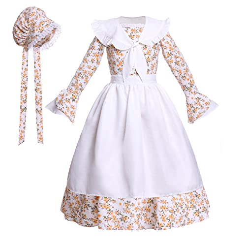 mutou Prairie Dresses Girls Colonial Costume Pioneer Girl Costume Floral Pilgrim Dress, Beige, XXL